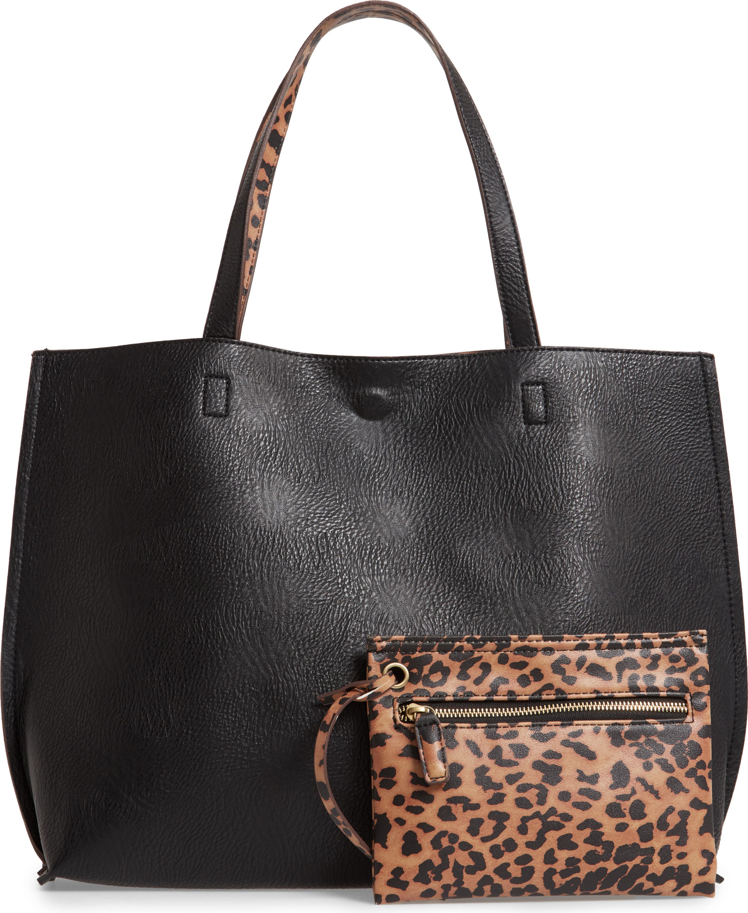 with Removable Zip Pouch & Shoulder Strap Faux Leather Brown Tote Bag